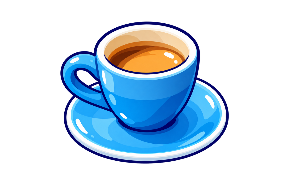 A cartoon-style blue cup of coffee on a matching saucer, isolated on a white background.