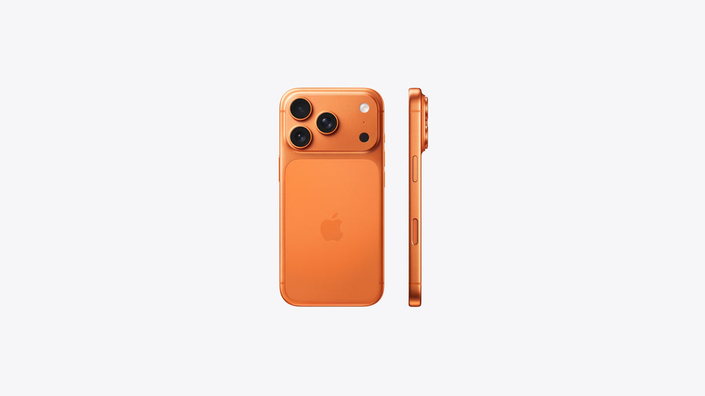 Orange smartphone showing back and side views on a white background