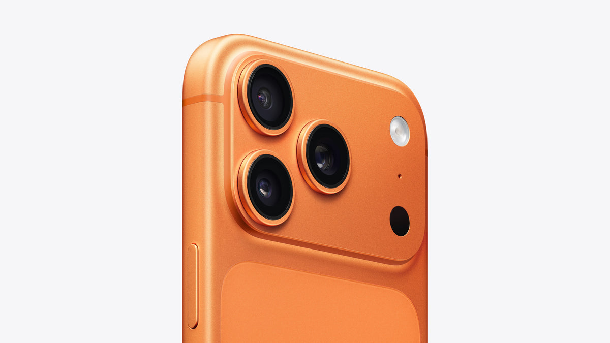 Orange smartphone with camera lenses on a light gray background